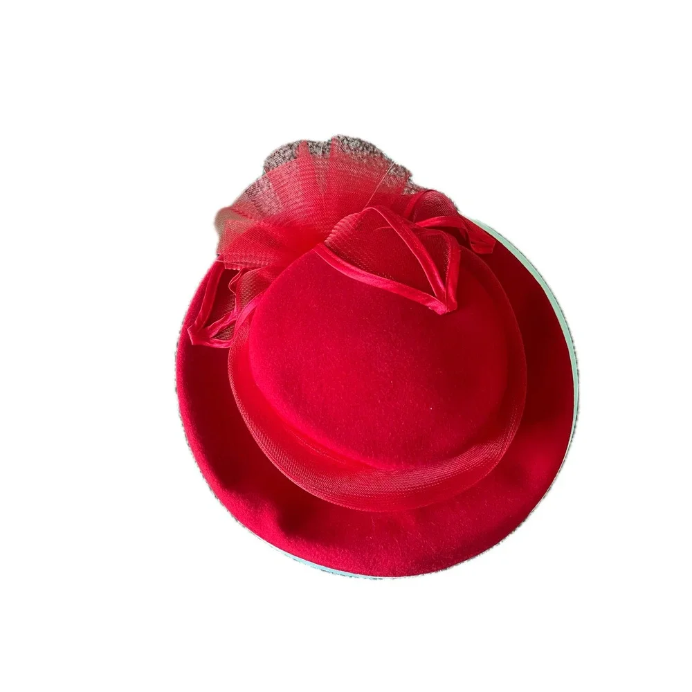 Vintage 60s Red Wool Pillbox-Style Hat Rose Fascinator Trim Fall Winter Chic
